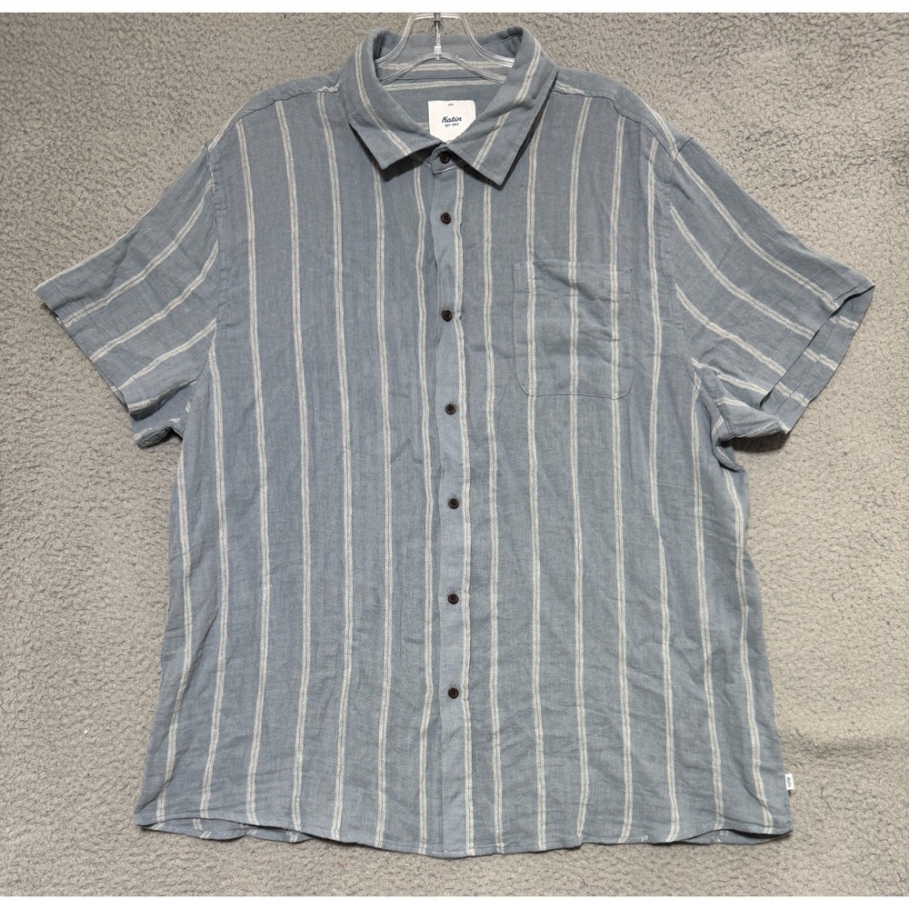 Katin Alan Short Sleeve Striped Linen Blend Shirt Mens 2XL Blue White